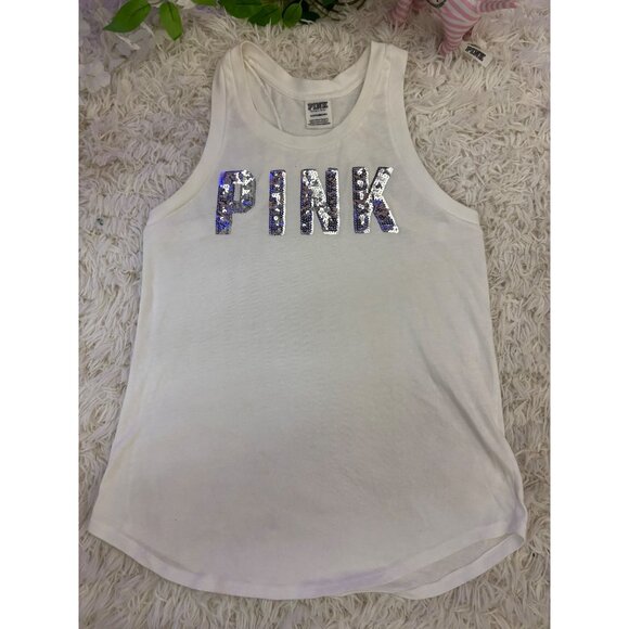 Victorias Secret Pink Silver Sequin Logo White Tank Top XS Glitter Sparkle - Picture 4 of 12